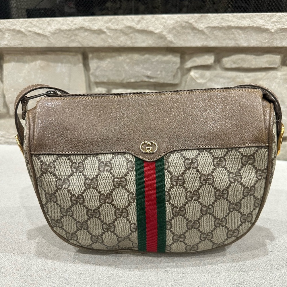 Gucci Beige and Brown Crossbody Bag with Red and Green Stripe